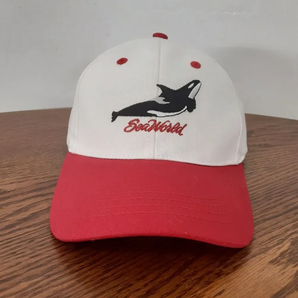 Vtg Seaworld Adventure Parks Embroidered Youth Orca Strapback Hat Red White